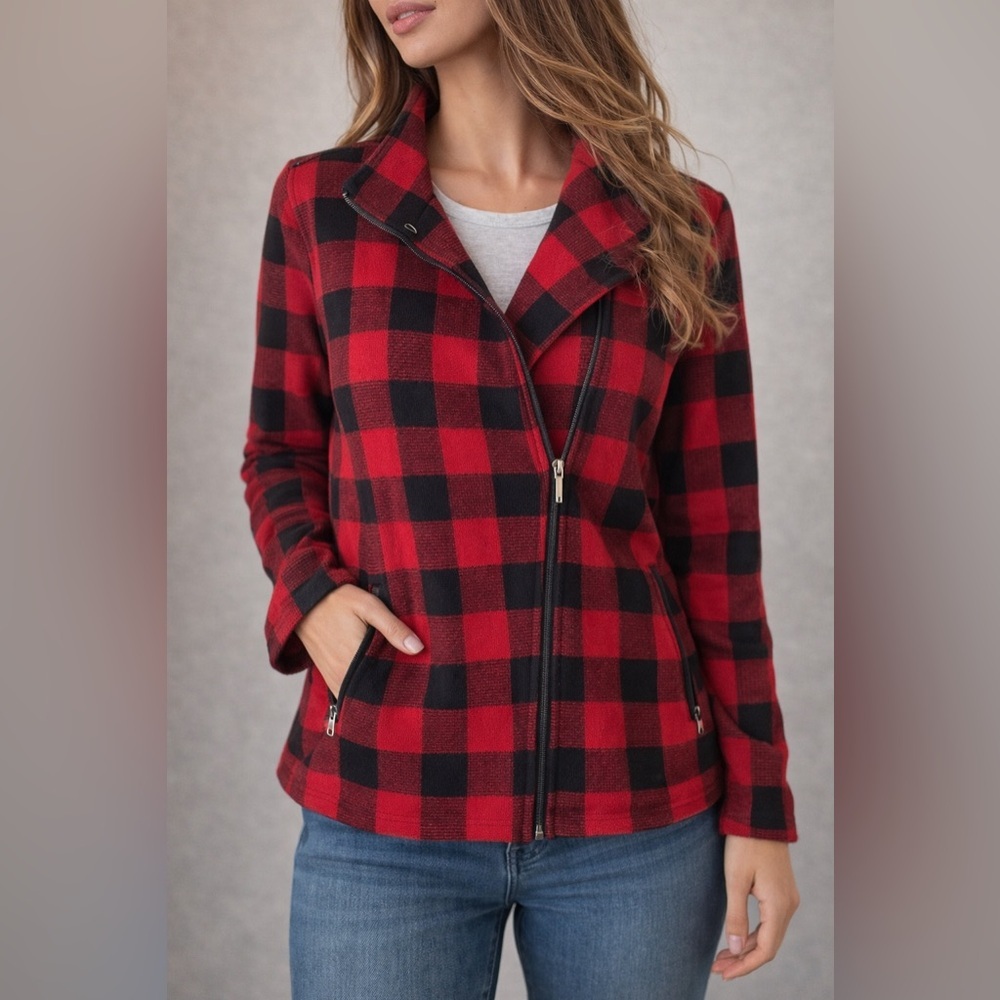 Red Black Buffalo Plaid Jacket Asymmetrical Zip Knit Small Petite - Picture 1 of 7